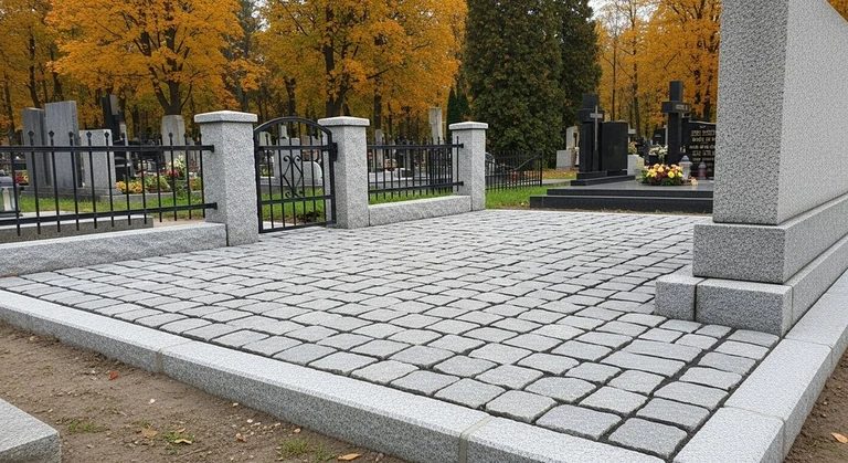 Благоустройство захоронений в Воронеже — мощение гранитной плиткой, цоколь и ограда на ухоженном участке