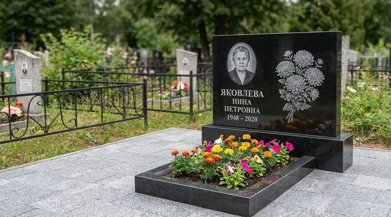 Гравировка хризантем на памятник в Воронеже — пример работы на граните