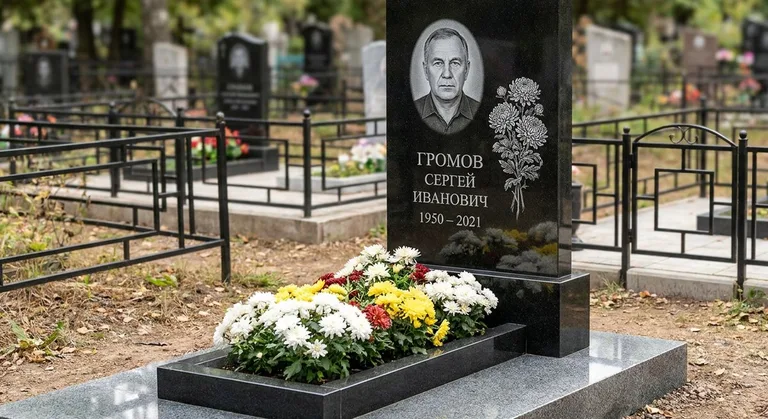 Памятник с гравировкой хризантем — выполненная работа «Громов» в Воронеже