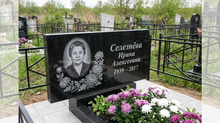 Памятник с гравировкой хризантем — выполненная работа «Селезнёва» в Воронеже