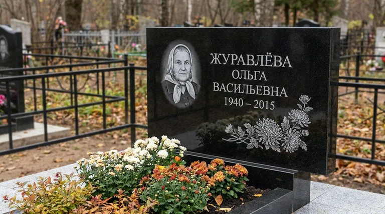 Памятник с гравировкой хризантем — выполненная работа «Журавлёва» в Воронеже