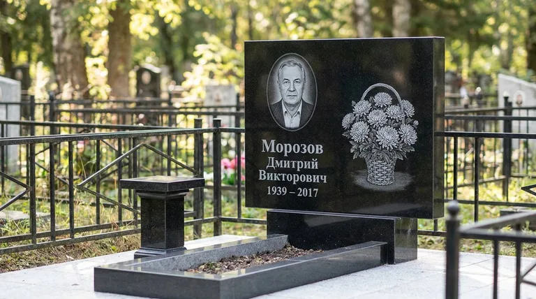 Памятник с гравировкой хризантем — выполненная работа «Морозов» в Воронеже
