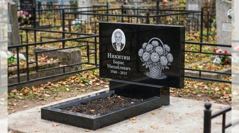 Памятник с гравировкой хризантем — выполненная работа «Никитин» в Воронеже