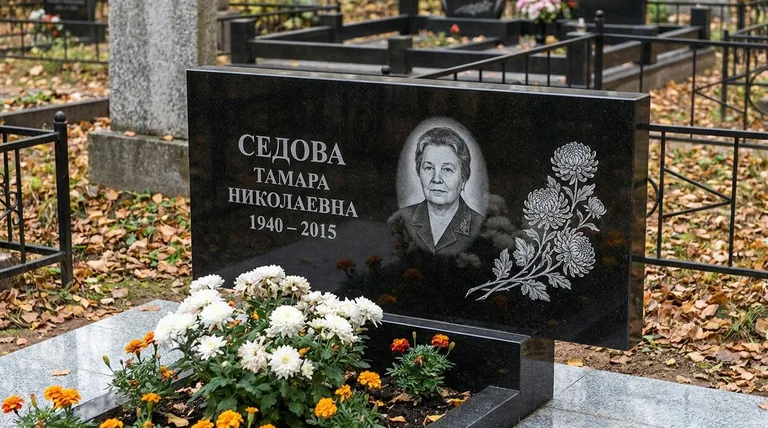 Памятник с гравировкой хризантем — выполненная работа «Седова» в Воронеже