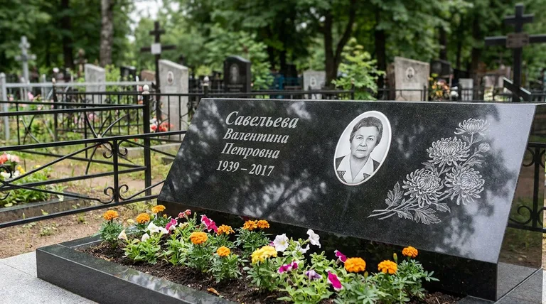 Памятник с гравировкой хризантем — выполненная работа «Савельева» в Воронеже