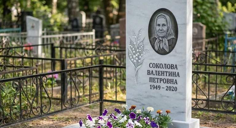 Памятник с гравировкой ландышей — выполненная работа «Соколова» в Воронеже