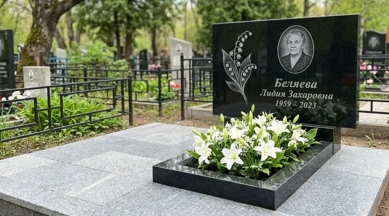 Памятник с гравировкой ландышей — выполненная работа «Беляева» в Воронеже