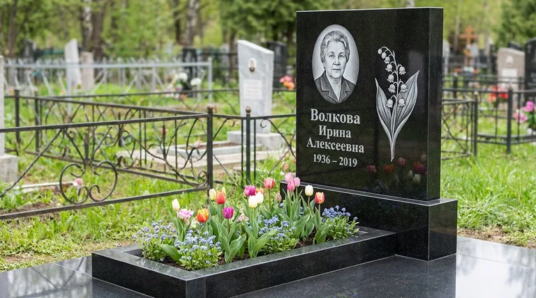 Памятник с гравировкой ландышей — выполненная работа «Волкова» в Воронеже