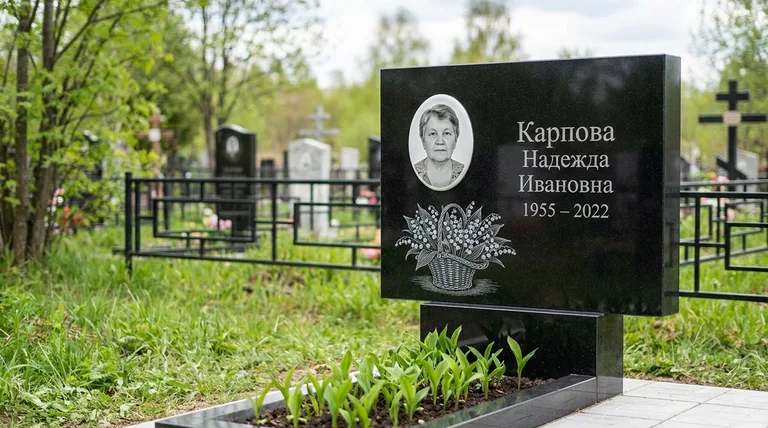 Памятник с гравировкой ландышей — выполненная работа «Карпова» в Воронеже