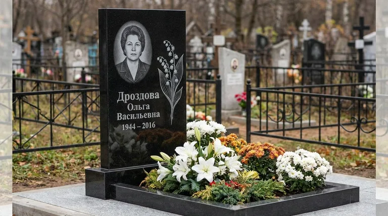 Памятник с гравировкой ландышей — выполненная работа «Дроздова» в Воронеже