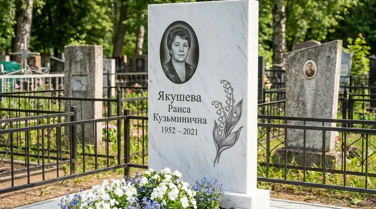 Памятник с гравировкой ландышей — выполненная работа «Якушева» в Воронеже