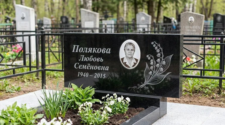 Памятник с гравировкой ландышей — выполненная работа «Полякова» в Воронеже