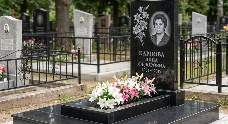 Памятник с гравировкой лилий — выполненная работа «Карпова» в Воронеже