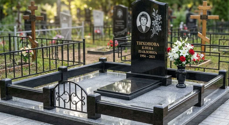 Памятник с гравировкой лилий — выполненная работа «Тихонова» в Воронеже