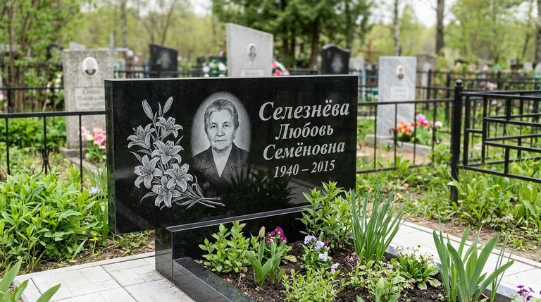 Памятник с гравировкой лилий — выполненная работа «Селезнёва» в Воронеже