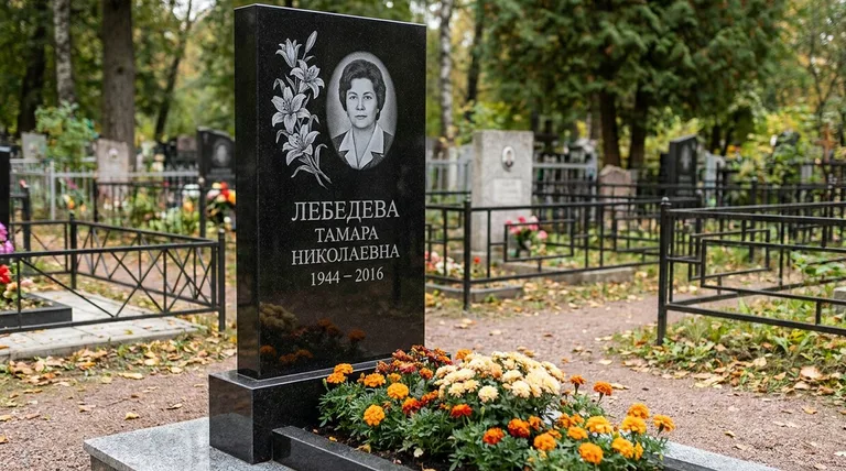 Памятник с гравировкой лилий — выполненная работа «Лебедева» в Воронеже