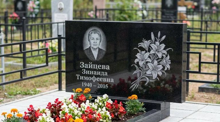 Памятник с гравировкой лилий — выполненная работа «Зайцева» в Воронеже