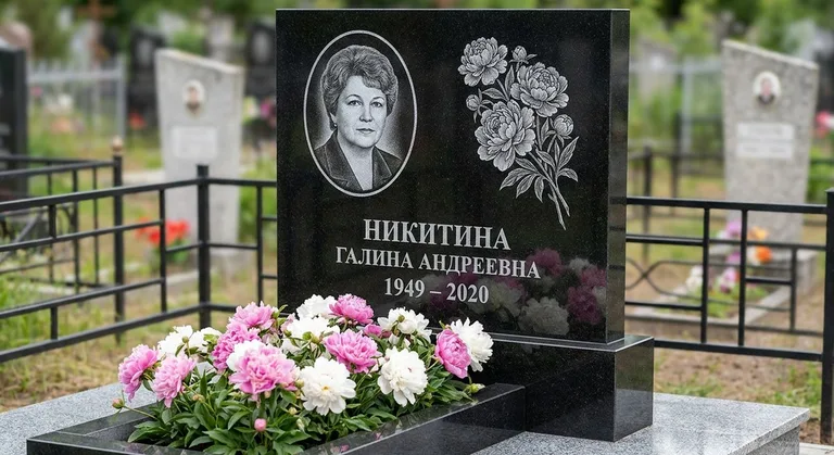 Памятник с гравировкой пионов — выполненная работа «Никитина» в Воронеже