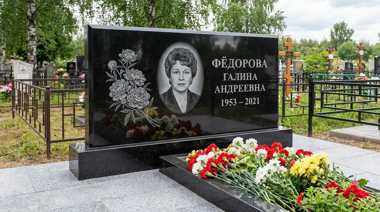 Памятник с гравировкой пионов — выполненная работа «Фёдорова» в Воронеже