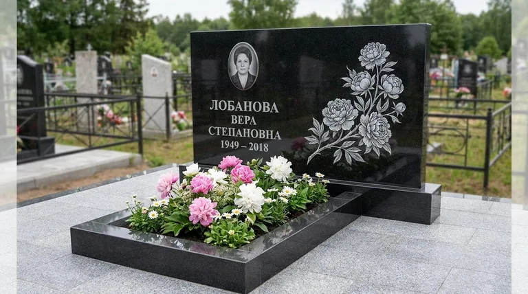 Памятник с гравировкой пионов — выполненная работа «Лобанова» в Воронеже