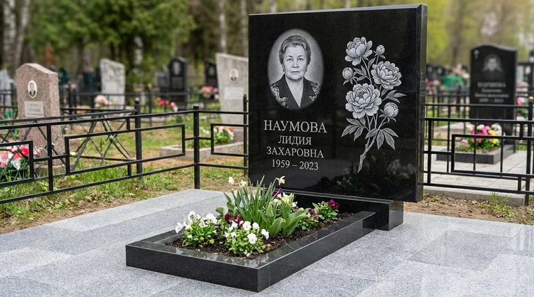 Памятник с гравировкой пионов — выполненная работа «Наумова» в Воронеже