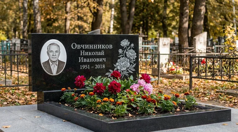 Памятник с гравировкой пионов — выполненная работа «Овчинников» в Воронеже