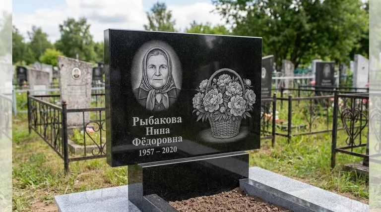 Памятник с гравировкой пионов — выполненная работа «Рыбакова» в Воронеже