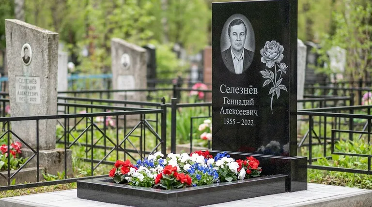 Памятник с гравировкой пионов — выполненная работа «Селезнёв» в Воронеже