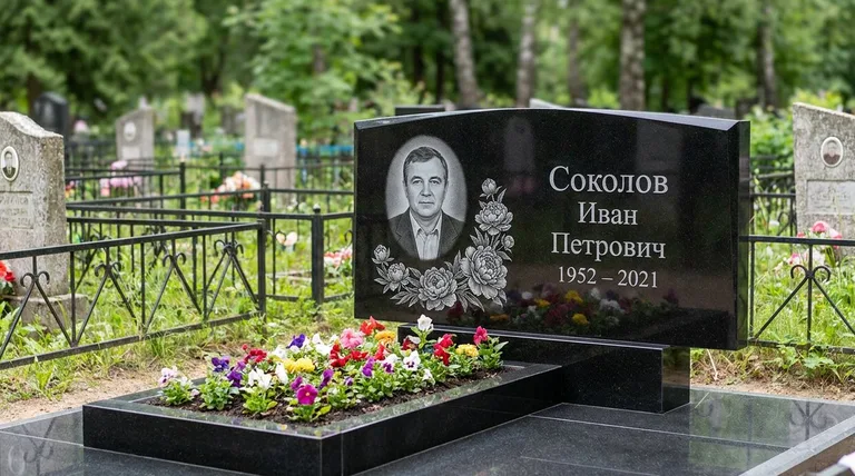 Памятник с гравировкой пионов — выполненная работа «Соколов» в Воронеже