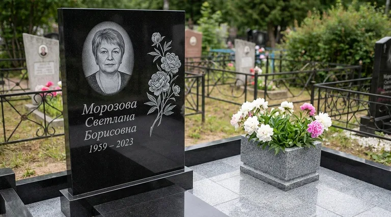 Памятник с гравировкой пионов — выполненная работа «Морозова» в Воронеже
