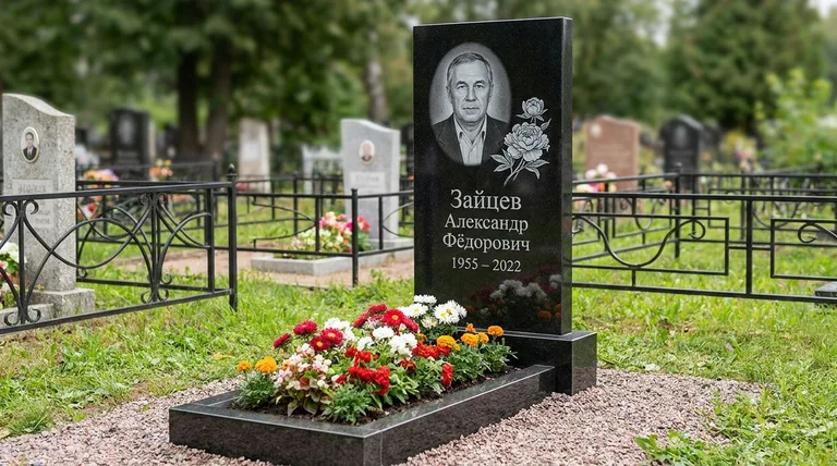 Памятник с гравировкой пионов — выполненная работа «Зайцев» в Воронеже
