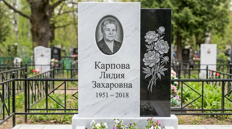 Памятник с гравировкой пионов — выполненная работа «Карпова» в Воронеже