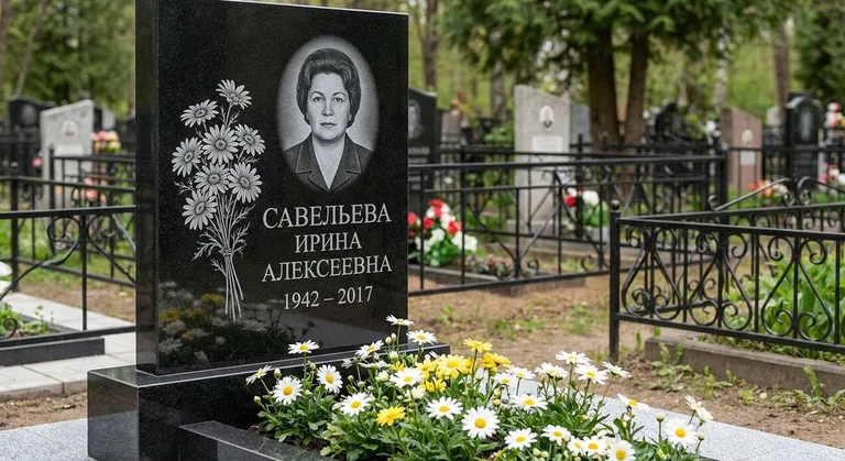 Памятник с гравировкой ромашек — выполненная работа «Савельева» в Воронеже