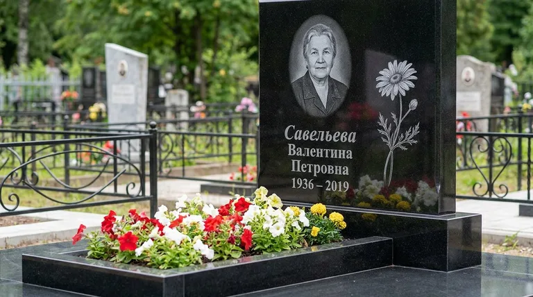 Памятник с гравировкой ромашек — выполненная работа «Савельева» в Воронеже