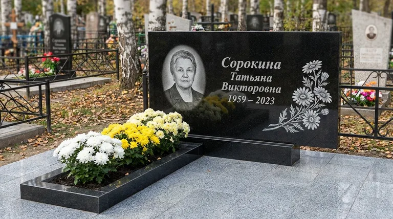 Памятник с гравировкой ромашек — выполненная работа «Сорокина» в Воронеже