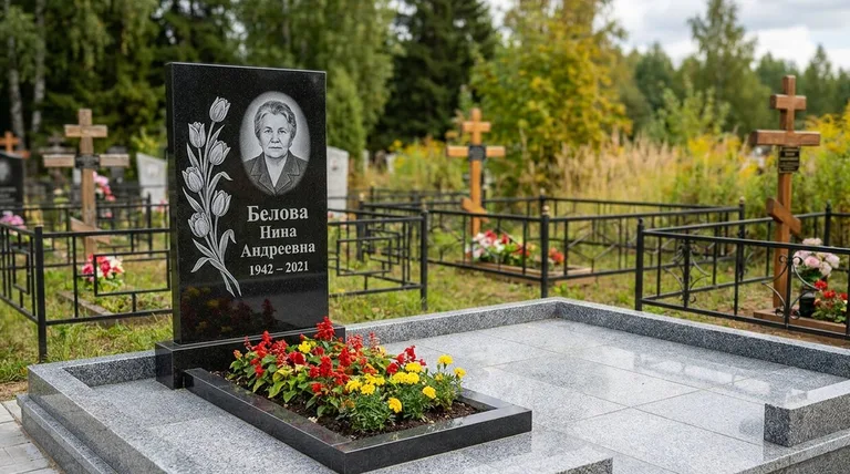 Памятник с гравировкой тюльпанов — выполненная работа «Белова» в Воронеже