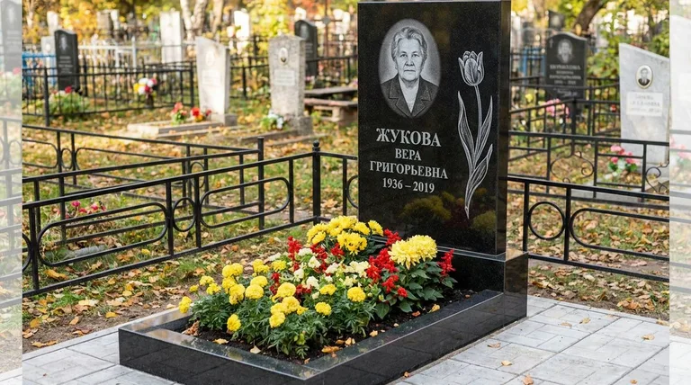 Памятник с гравировкой тюльпанов — выполненная работа «Жукова» в Воронеже