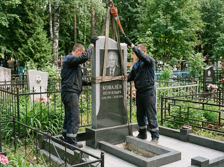 Демонтаж памятника на кладбище в Воронеже — бригада аккуратно снимает старый гранитный памятник с могилы