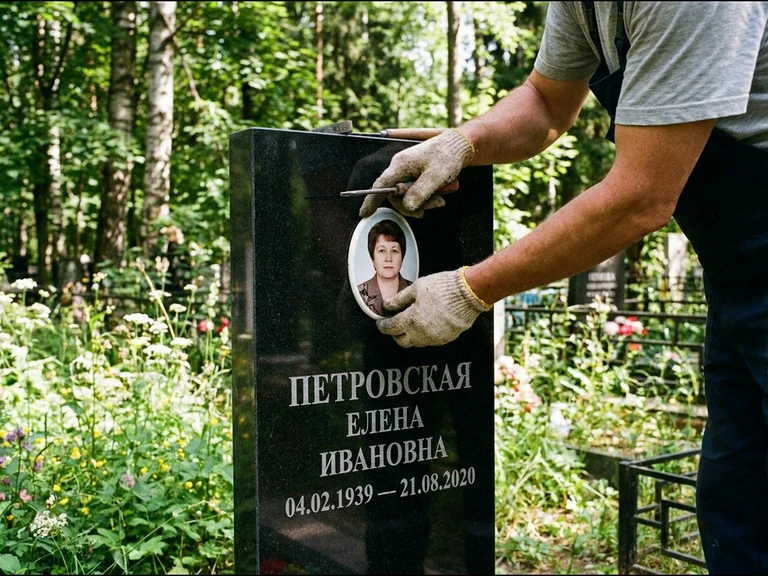 Фото на керамике на памятник в Воронеже — мастер устанавливает овальный керамический портрет на гранитный памятник