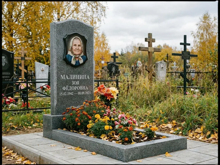 Чёрно-белый керамический портрет на памятнике в Воронеже