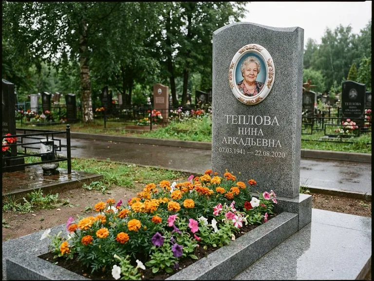 Керамический портрет на памятнике с цветами в Воронеже