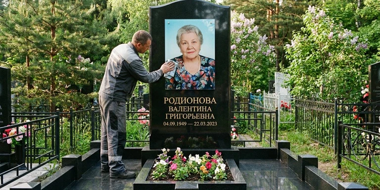Фотокерамика и печать фото на памятник в Воронеже — мастер устанавливает цветной портрет на стекле на гранитный памятник