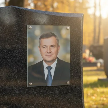Портрет на стекле на держателях на чёрном граните в Воронеже