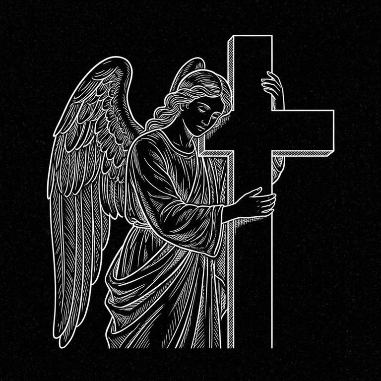 Эскиз гравировки ангела на памятник — ангел, обнимающий крест в Воронеже