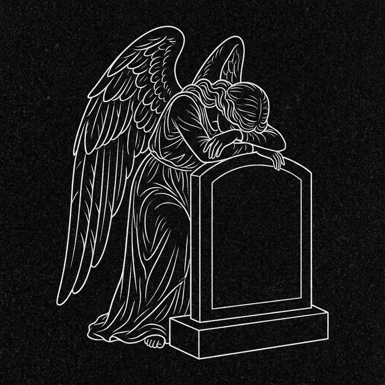 Эскиз гравировки ангела на памятник — печальный ангел у плиты в Воронеже