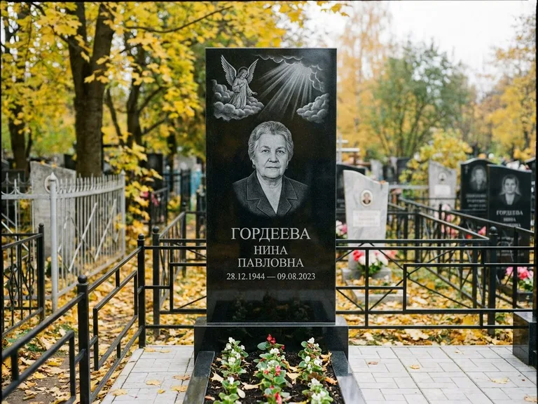 Памятник с гравировкой ангела — гравировка ангела в облаках с лучами над портретом, работа «Гордеева» в Воронеже