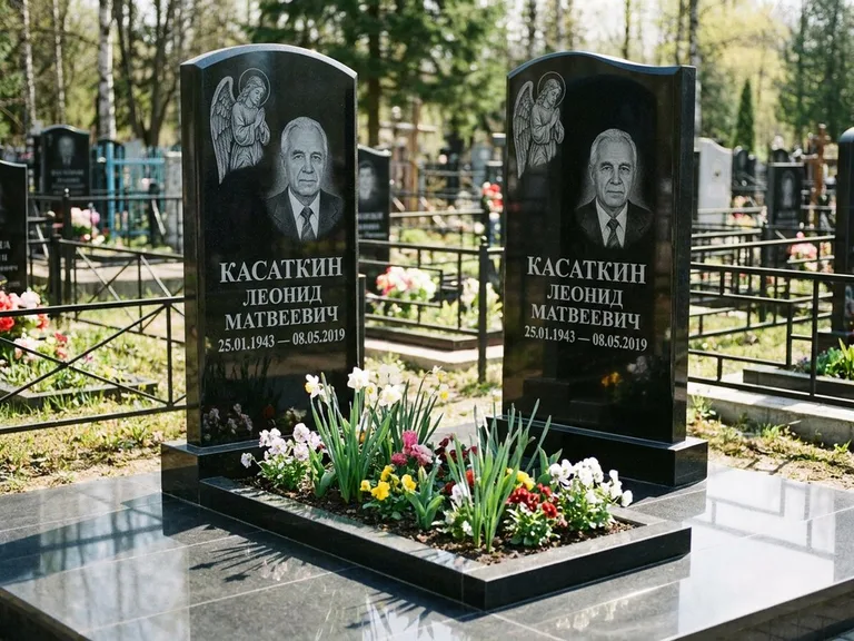 Памятник с гравировкой ангела — гравировка молящегося ангела в верхней части стелы, работа «Касаткин» в Воронеже