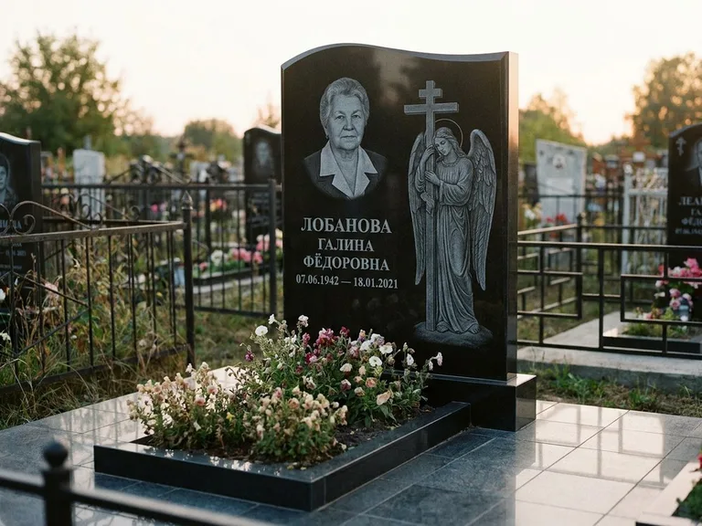 Памятник с гравировкой ангела — гравировка ангела с крестом рядом с эпитафией, работа «Лобанова» в Воронеже
