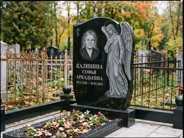 Памятник с гравировкой ангела — гравировка ангела с крестом рядом с эпитафией, работа «Игнатова» в Воронеже