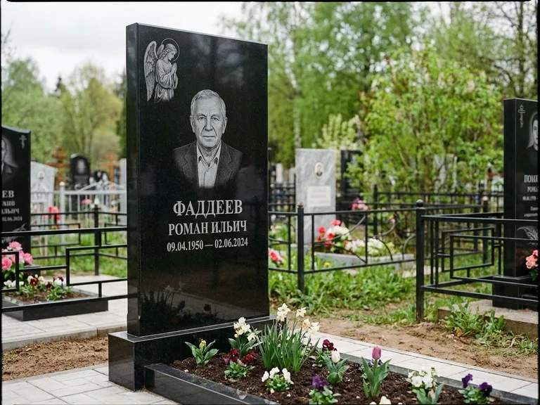 Памятник с гравировкой ангела — гравировка молящегося ангела в верхней части стелы, работа «Фаддеев» в Воронеже